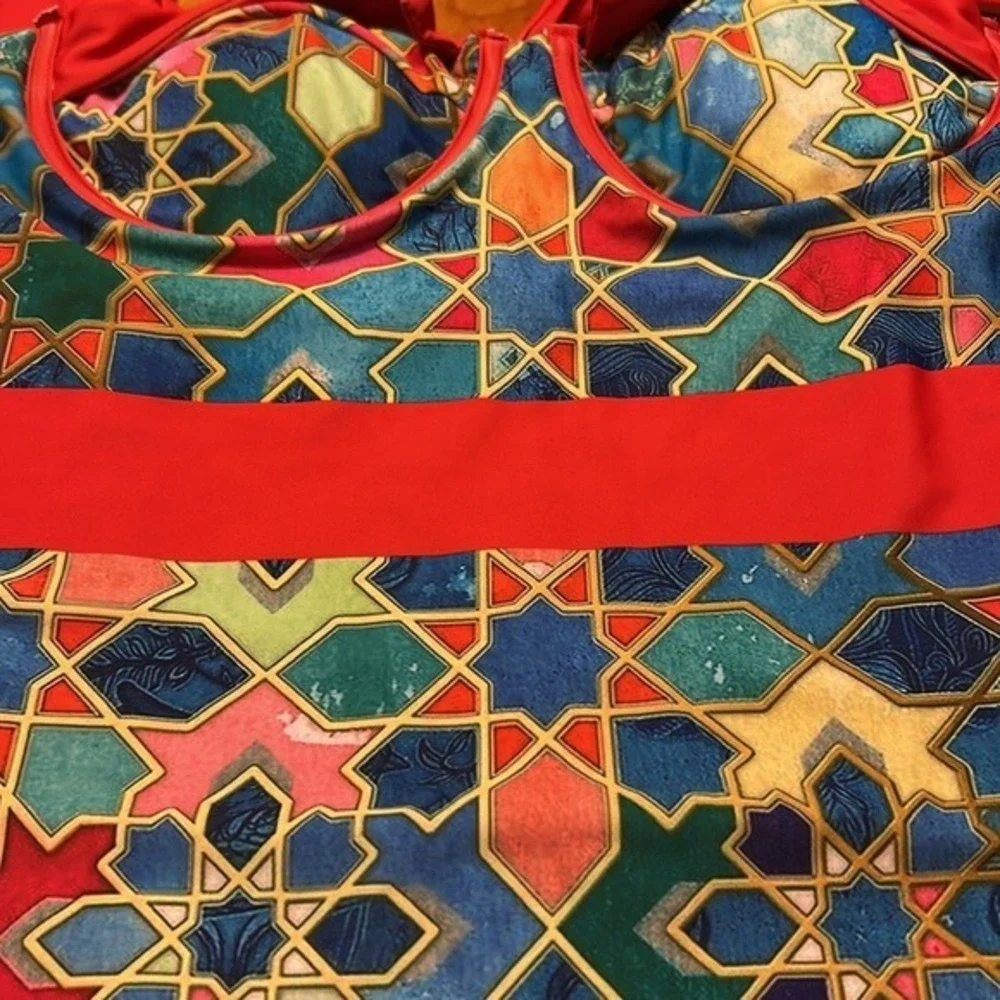 Boho Chic Geometric Mosaic Print Underwire One Piece Swimsuit and Wrap Skirt Set